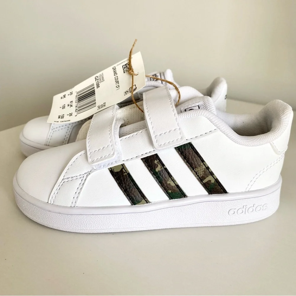 adidas Grand Court White & Camouflage Velcro Straps Toddler Sneakers New Size 9 - Picture 3 of 7